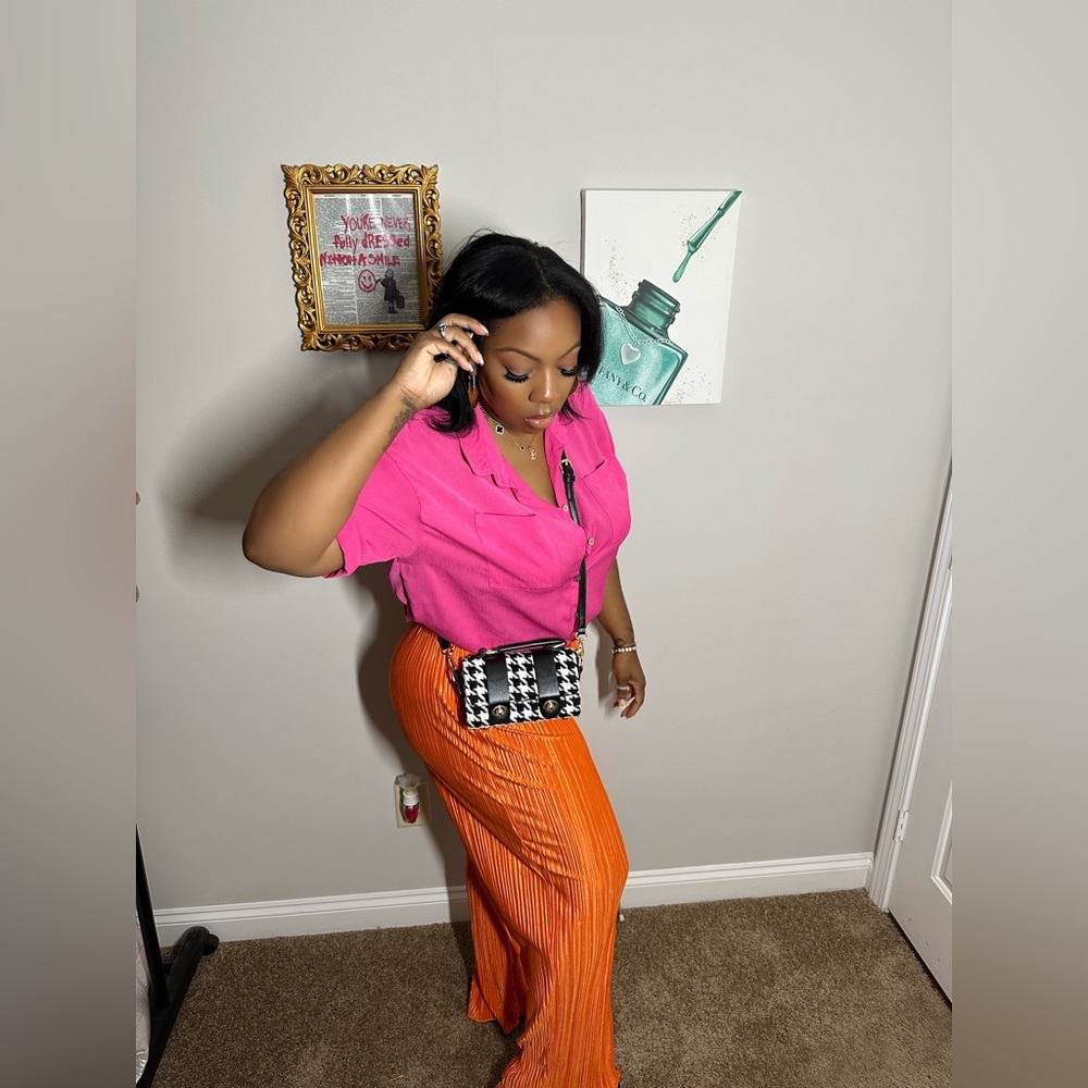 Shein Sxy (L) bright orange flared slight ruffle bottom dressy pants